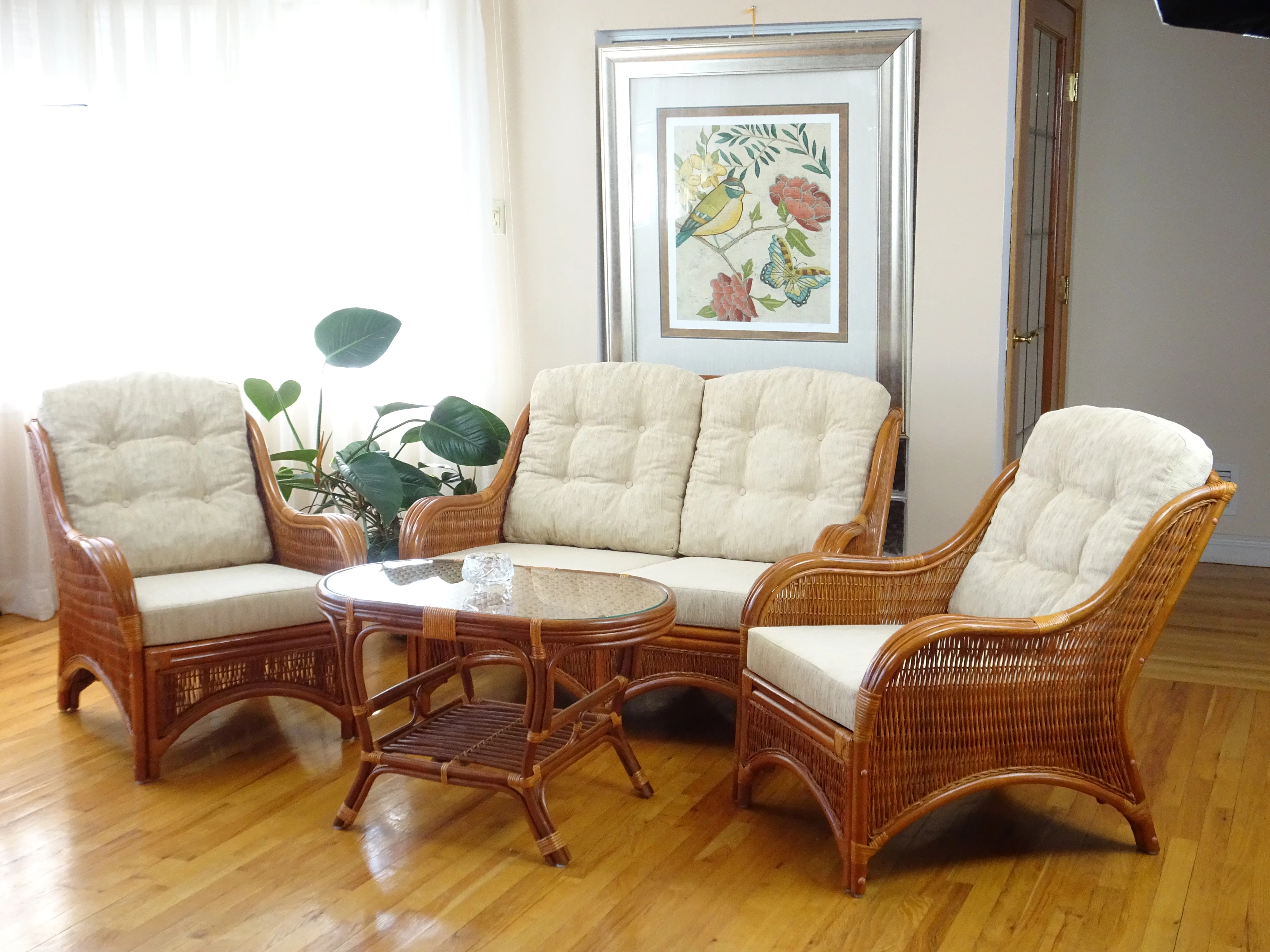 Jam Living Set of 2 Natural Rattan Wicker Lounge Chairs, Loveseat with Cream Cushions and Coffee Table w/Glass Handmade, Colonial