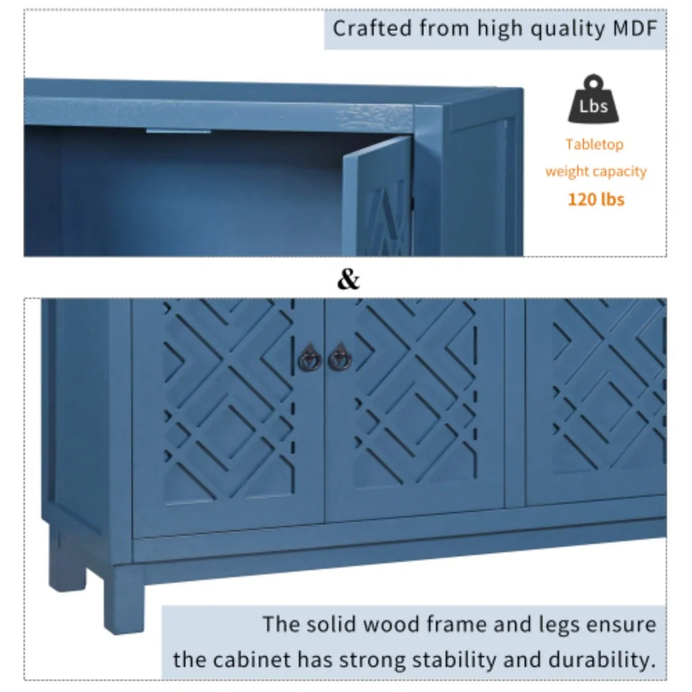 TREXM Large Storage Space Sideboard, 4 Door Buffet Cabinet with Pull Ring Handles for Living Room, Dining Room (Navy)  Navy + MDF