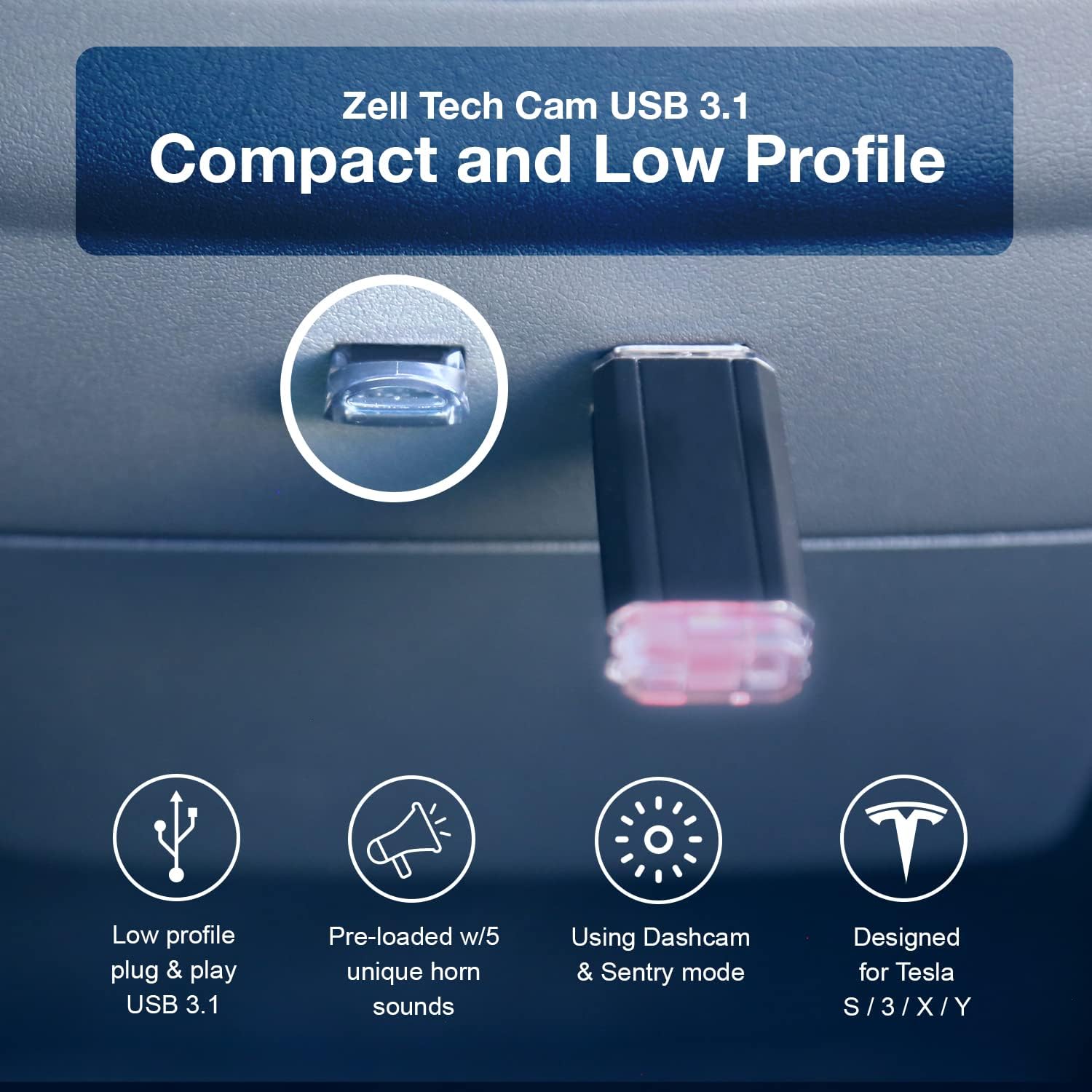 Zell Technologies Dashcam and Boombox 3.1 Flash Drive for Tesla with Sentry Mode Pre-Configured, Extremely Fast Low Profile USB Drive for Tesla Model S/3/X/Y - 64GB, Sept 2019 Model or Newer Pack of 2