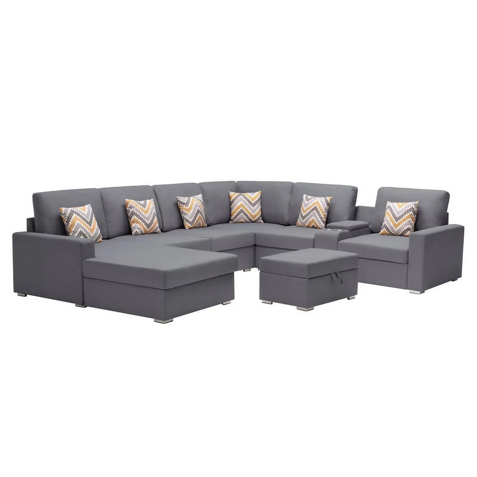 Lilola Home Nolan Linen Fabric 8Pc Reversible Chaise Sectional Sofa with Interchangeable Legs, Pillows, Storage Ottoman, and a USB, Charging Ports, Cupholders, Storage Console Table-Color:Gray