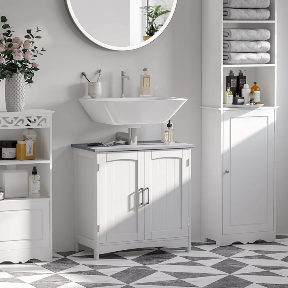 Pedestal Sink Storage Cabinet, Under Sink Cabinet with Double Doors, White-AS