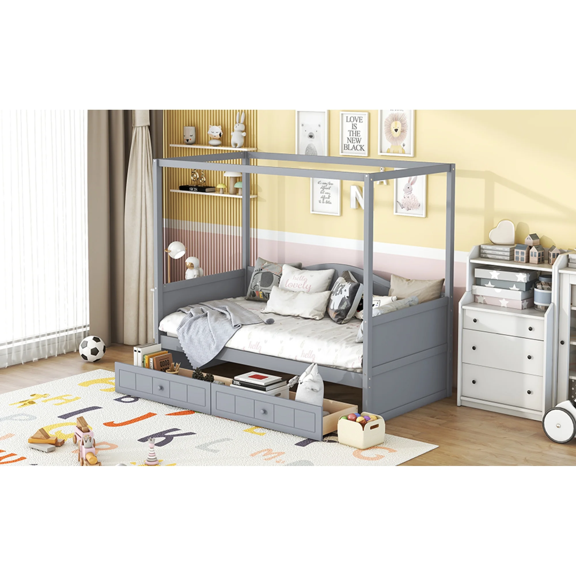 Twin Size Canopy Day Bed with 2 Drawers, Gray