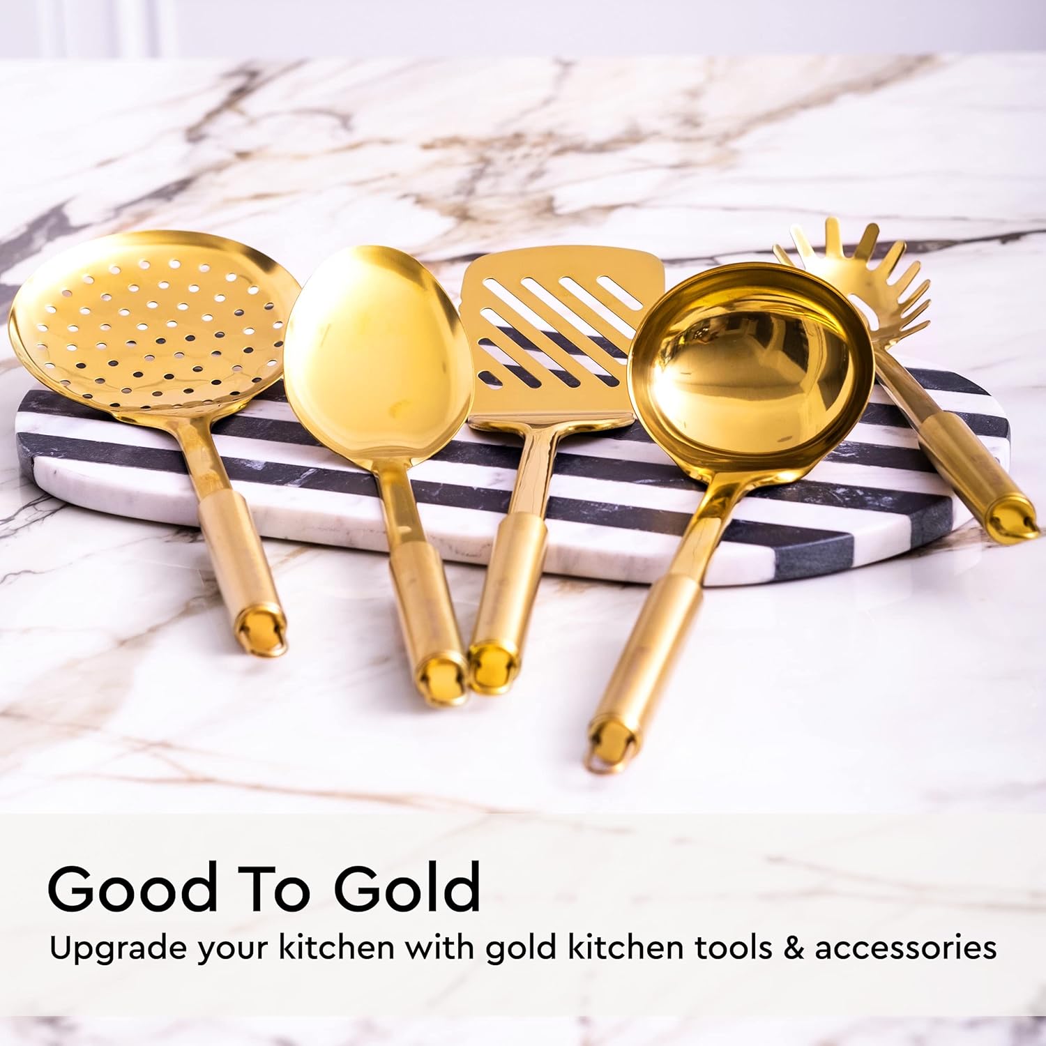 Black and Gold Knife Set with Block Self Sharpening, Black Utensil Holder with Built-In Ceramic Spoon Rest and Gold Cooking Utensils Set-21 Piece Luxe Black and Gold Kitchen Accessories