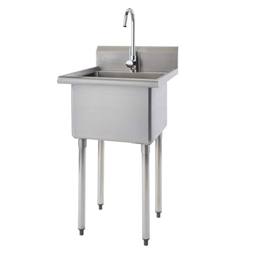TRINITY THA-0307 Basics Stainless Steel Freestanding Single Bowl Utility Sink with Chrome Faucet, NSF Certified, for Garage, Laundry Room, and Kitchen, 21.5” x 24” x 49.2”, Silver