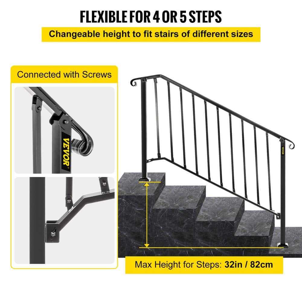 VEVOR Handrails for Outdoor Steps Fit or 4 Steps Outdoor Stair Railing Wrought Iron Handrail with baluster - Shop Hardware Tools Online Store