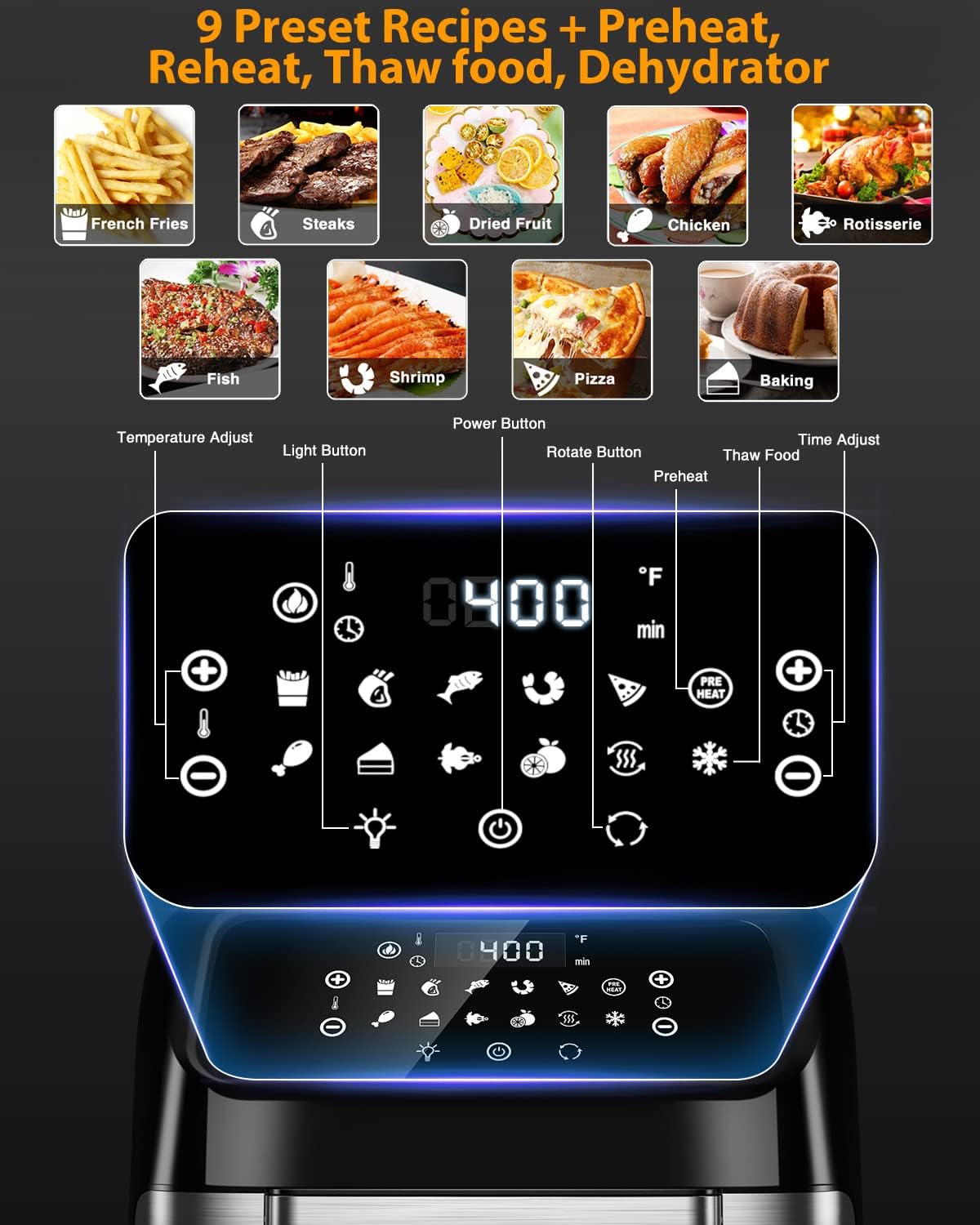 Air Fryer, 12 L (12.7 qt) Air fryer Oven with Rotisserie Function, 10 in 1 Electric Hot Oven with 8 Cooking Accessories and Recipe, 1700W Air Fryer Toaster Oven with 9 Presets, Preheat & Defrost
