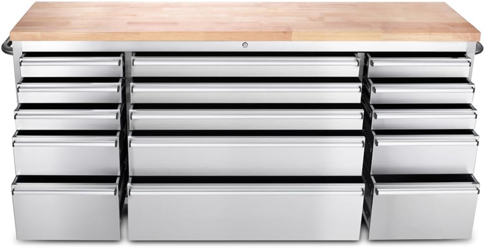 72-inch Stainless Steel Tool Chest with Wheels, 15 Drawers Rolling Storage Tool Cabinet, Heavy Duty Workbench Table with Wood Top, Lock and Liner, for Garage, Warehouse, Workshop