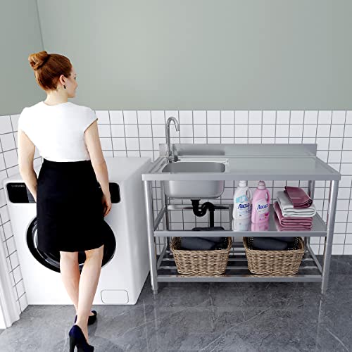 Stainless Steel Commercial Kitchen Sink, Free Standing, Single Bowl Sink Basin with Cold & Hot Water Faucet, Indoor and Outdoor Sink, 21.7 in