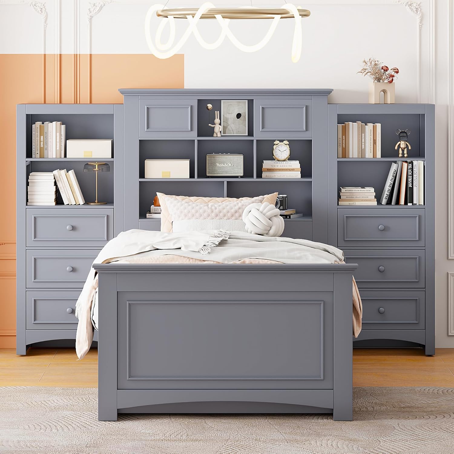Twin Size Wood Platform Bed Frame with Bookcase Headboard and 4 Drawers on Each Side, Multi-Functional Beds with 12 Storage Shelves and 6 Drawers, for Bedroom Furniture, Space Saving, Gray