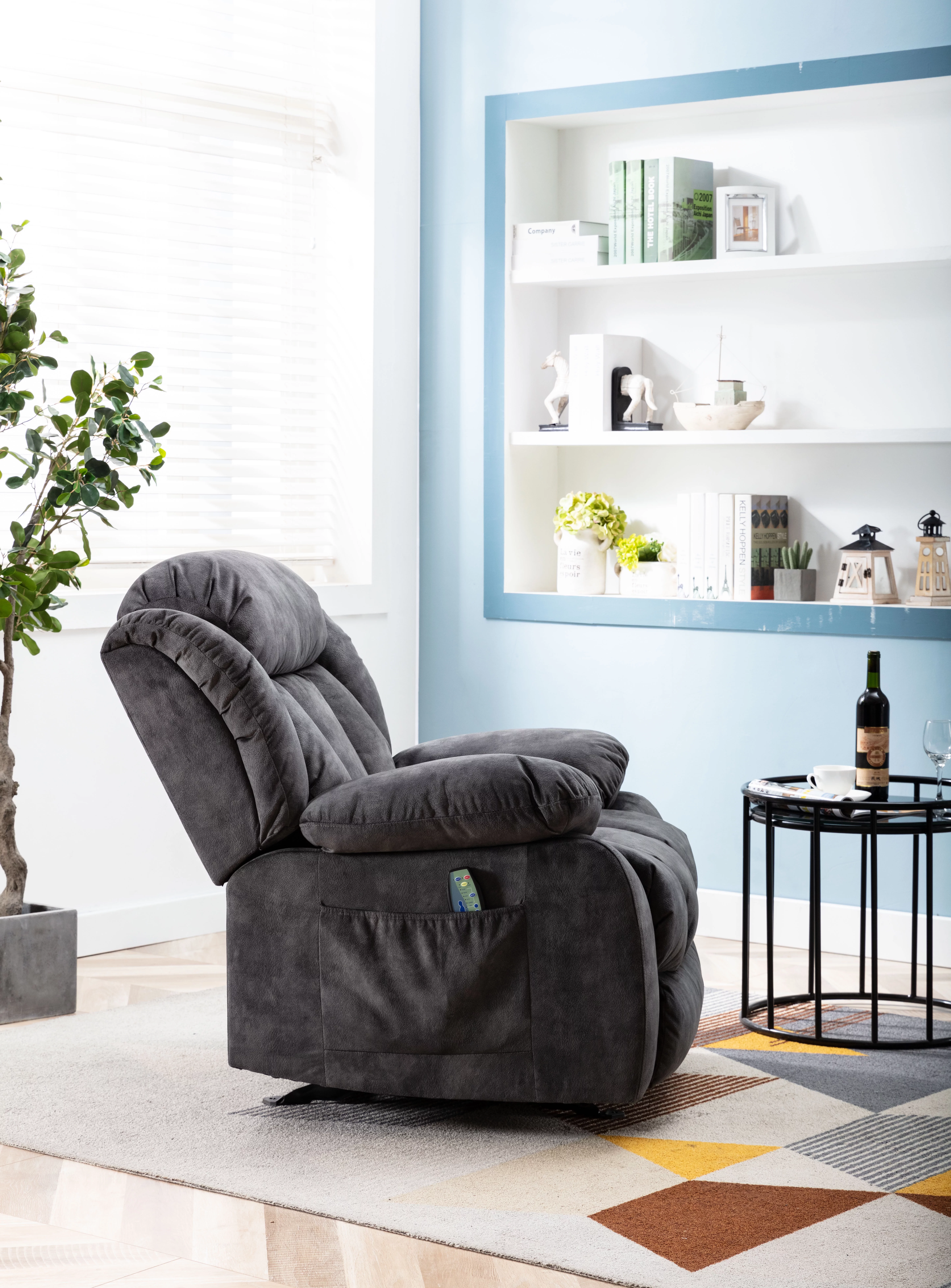 Massage Rocker Recliner with Heat and Vibration, Manual Rocking Recliner Chair with Vibrating Massage, Comfy Padded Overstuffed Recliner Soft Fabric Heated Recliner (Grey)