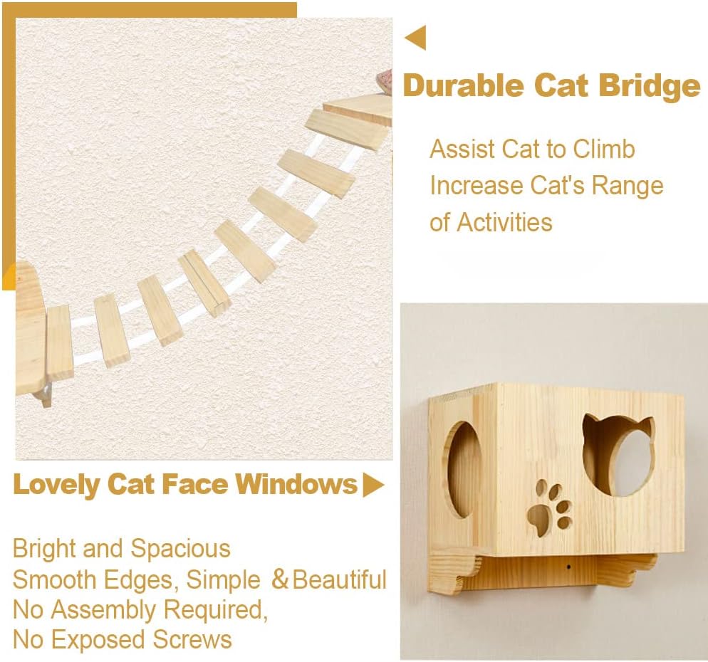 La La Pet® Wall Mounted Cat Furniture Wooden Cat Shelves and Perches for Wall Cat Steps Ladder Cat Bed Activity Tree Cat Climbing Structure Modern Cat Lounger Climber Set of 9