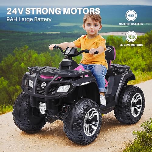 Joywhale 24V 2 Seater Kids Ride on ATV Car 4WD Quad Electric Vehicle Easy-Drag 4-Wheeler, with 4x75W Powerful Engine, Big Battery, Metal Suspension, Soft Braking, Music & Bright Headlights, BW-A20s