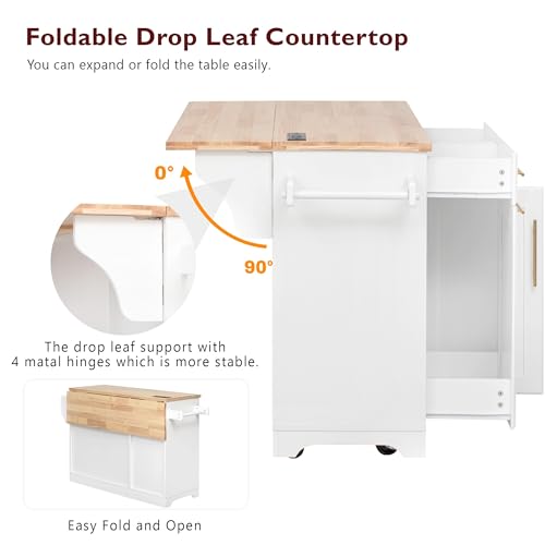 60" Kitchen Island with Drop Leaf and Power Outlet, Rolling Kitchen Cart on Wheels with Trash Can Storage Cabinet, Spice Rack, Towel Rack and Adjustable Shelf for Dining Room