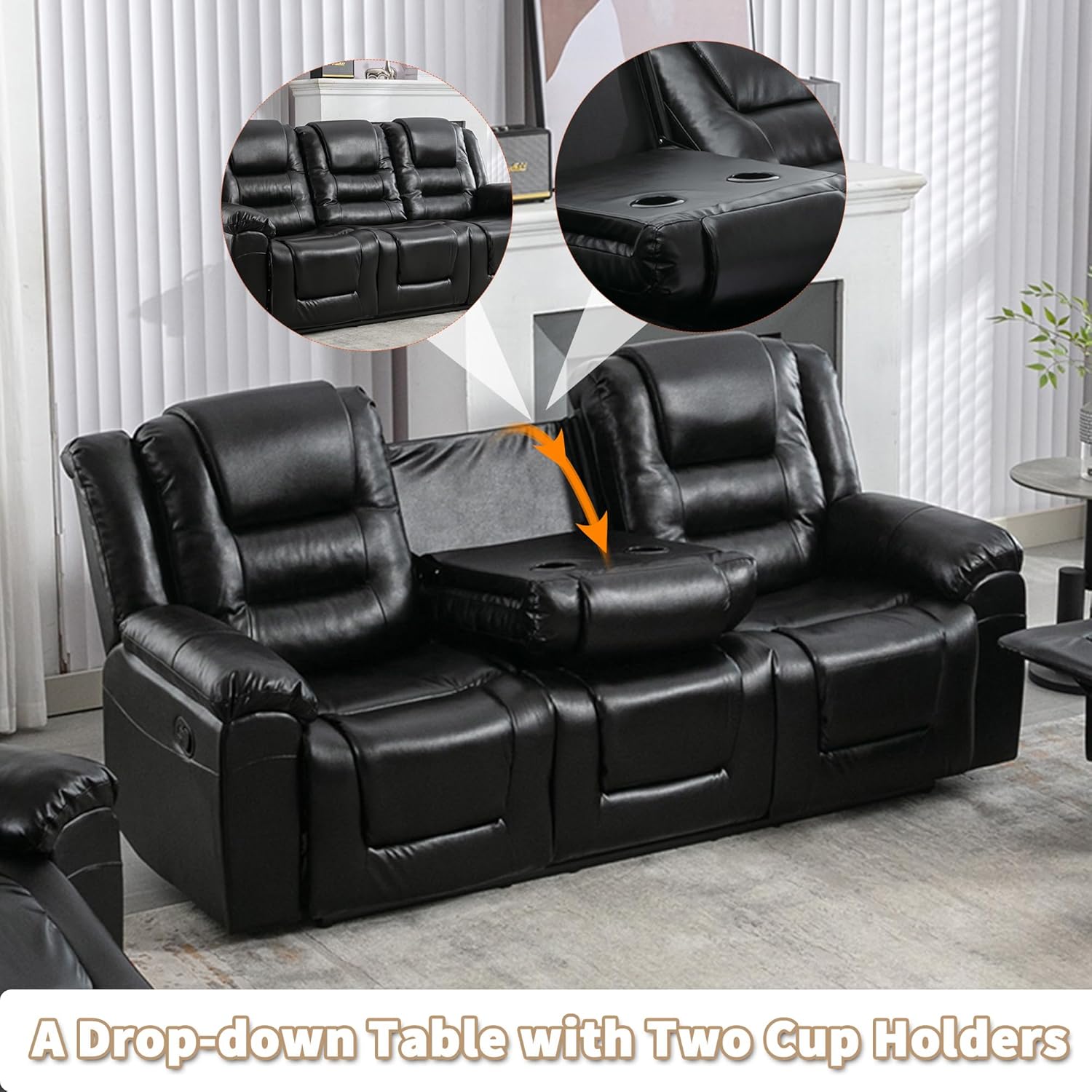 3 Seater Wall Hugger Manual Reclining Loveseat Couch, Faxu Leather Motion Sofa RV Chair Home Theater Lounge Seating with Center Console and Fold Down Table w/Cupholders for Living Room Office