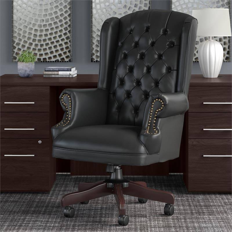 Bush Furniture Fairview Wingback Leather Executive Office Chair with Nailhead Trim in Black