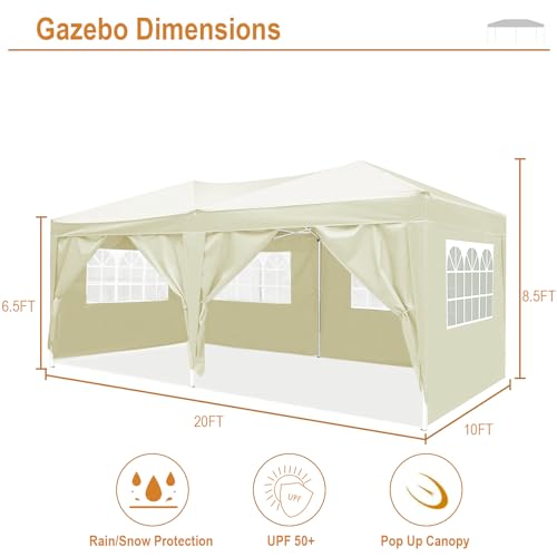 10x20 White Pop Up Canopy Tent Heavy Duty with 6 sidewalls Commercial Outdoor Party Tent Event Wedding Tents Instant Canopy Gazebo with Carry Bag UPF 50+ Waterproof Adjustable Height
