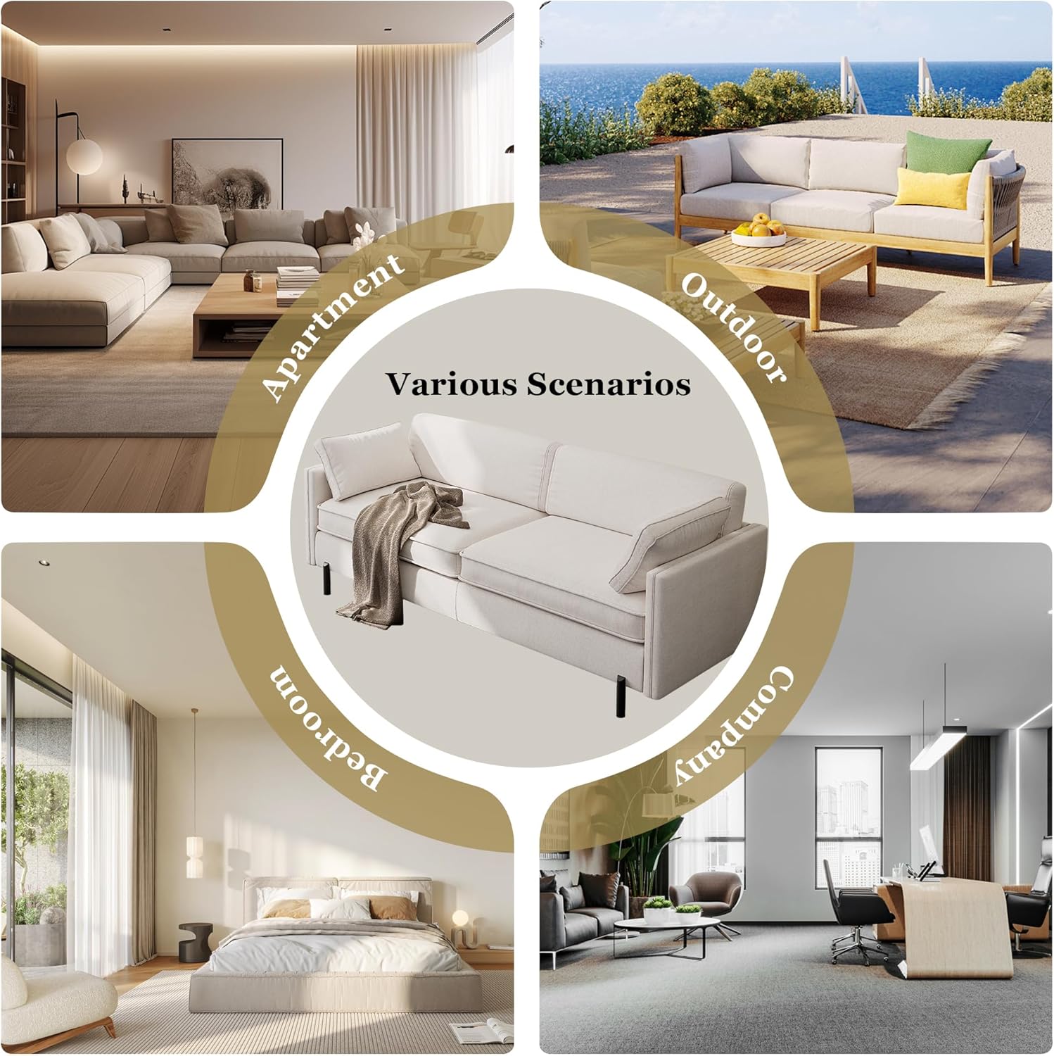 79" Comfy Sofa with 2 Pillow, Modern 3 Seater Linen Sofa Couch, Solid Wood Frame & Metal Legs, Perfect for Living Room, Bedroom, for Small Space, Sturdy & Durable, Easy Assembly, Beige