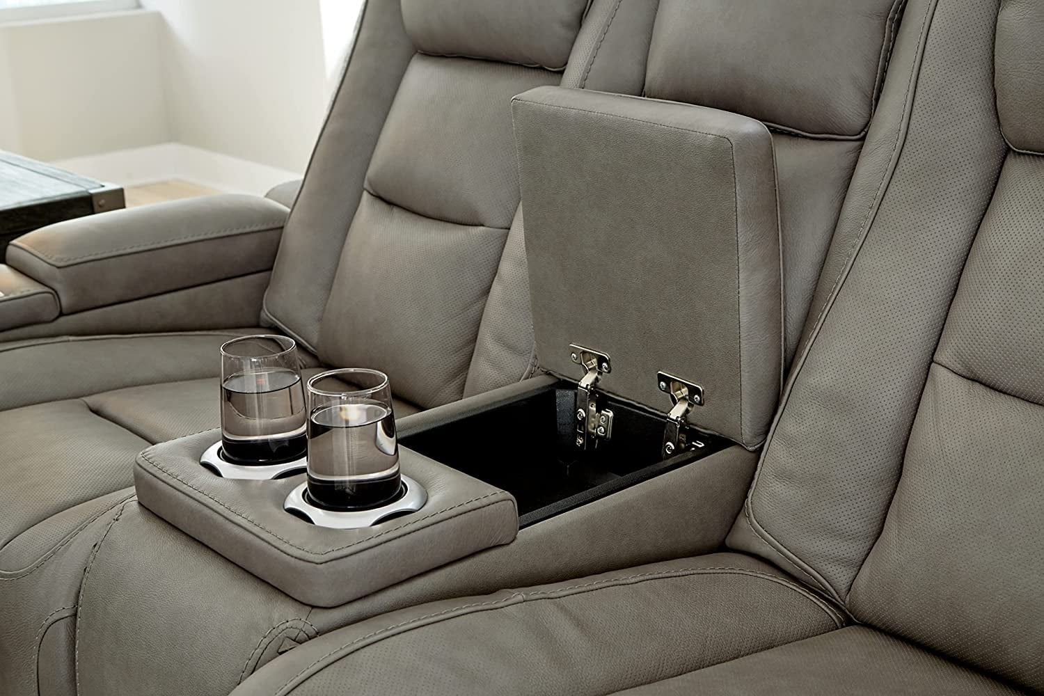 Signature Design by Ashley The Man-Den Leather Power Reclining Loveseat in Gray