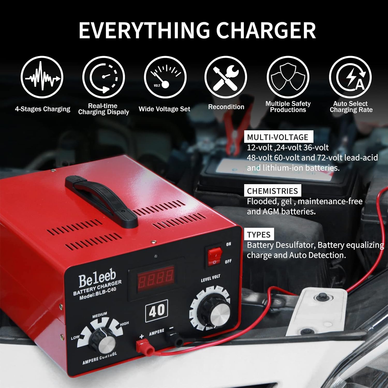 Beleeb C40 Adjustable Battery Charger 12V 24V 36V 48V 60V 72V, Pulses of High-Voltage Battery Desulfator Maintainer with Smart Chip for Lead-Acid Lithium-ion Batteries