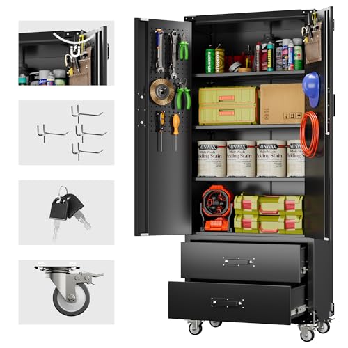 Aobabo 71" H×34" W×18" D Garage Metal Storage Cabinet with Wheels, Locking Steel Storage Cabinet with 5 Shelves and 4 Hooks, for Home Office, School, Assembly Required, Black Silver