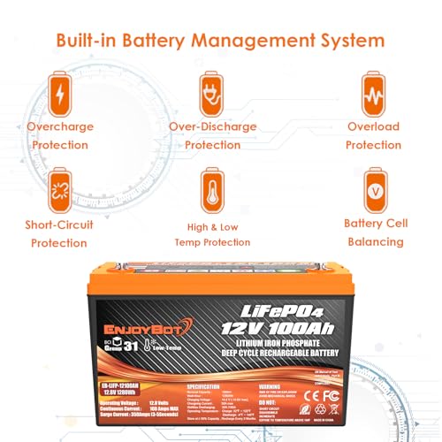 Enjoybot 12V 100Ah LiFePO4 Lithium Battery, BCI Group 31 Lithium Battery with 100A BMS, Low Temp Cut Off Deep Cycle Battery Perfect for Golf Cart, RV, Solar, Trolling Motor, Home Energy Storage