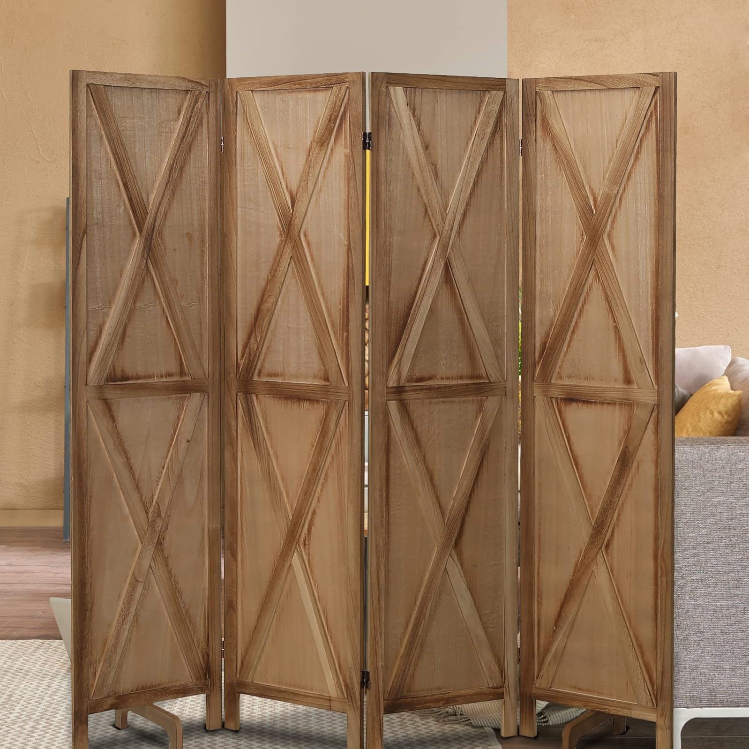 ECOMEX 4 Panel Wood Room Divider, 5.8ft Tall Folding Privacy Screen Room Divider, Freestanding Room Dividers Room Screen Divider, Partition Wall Divider for Home Office (Brown)