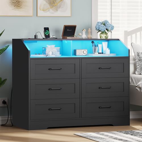 Hasuit White 6 Drawers Dresser with LED Lights and Charging Station, Modern Wood Bedroom Storage Tower Clothes Organizer, Chest of 6 Drawers Storage Cabinet with Deep Drawers for Bedroom, Living Room