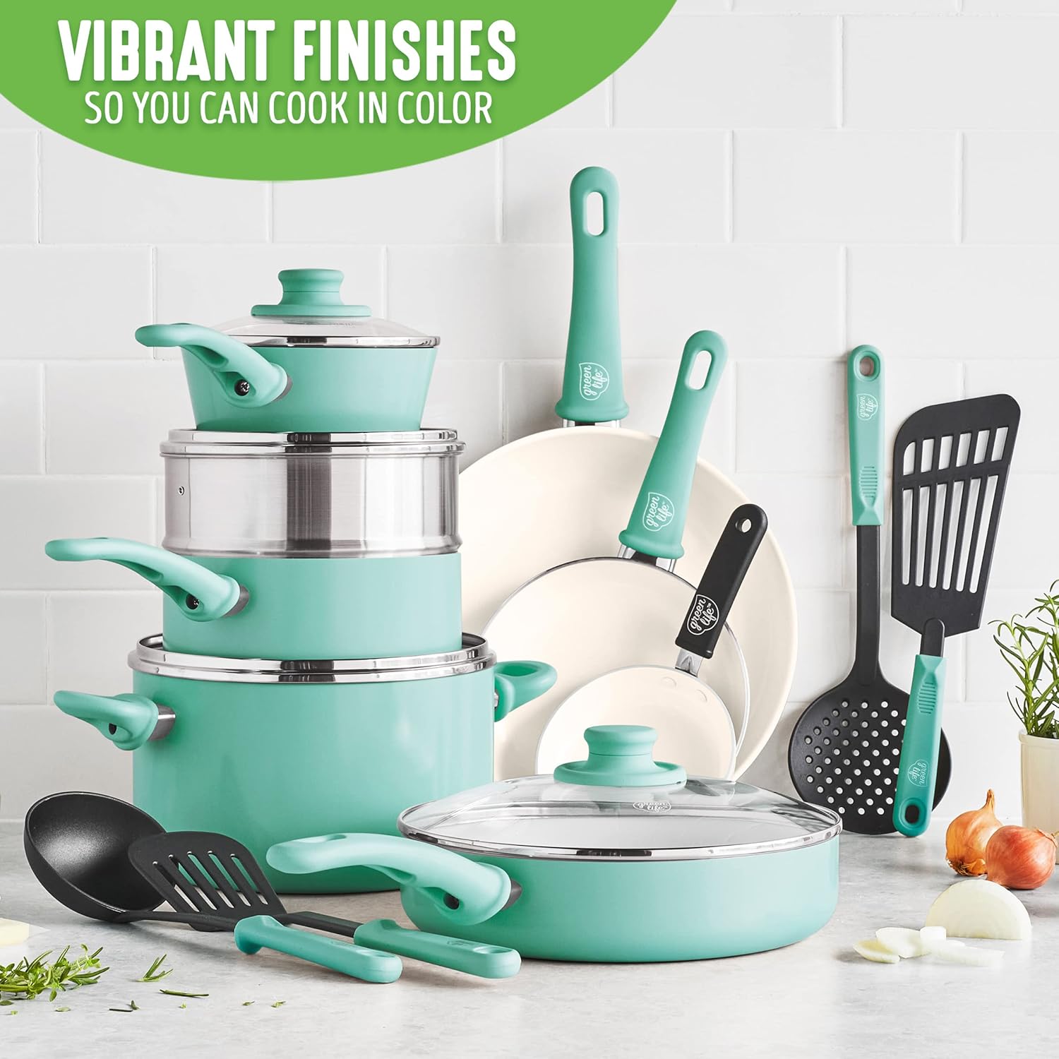 GreenLife Soft Grip Healthy Ceramic Nonstick 16 Piece Cookware Pots and Pans Set, Turquoise & Soft Grip Healthy Ceramic Nonstick, 11" Griddle Pan, Turquoise