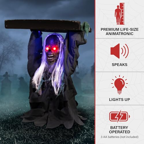 Haunted Hill Farm Life-Size 2.9-Ft Animatronic Gravely Granny by Tekky Halloween Decoration with Motion-Activated Sounds