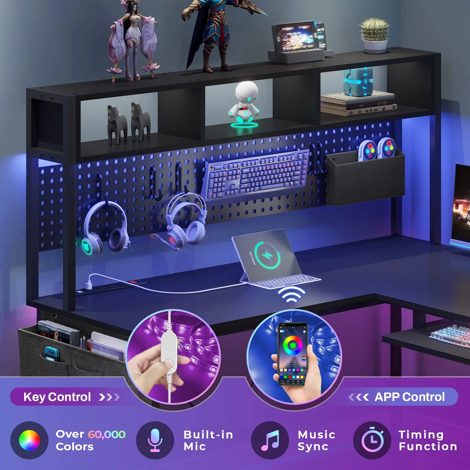 Afuhokles L Shaped Gaming Desk, Reversible 94.5" Office Desk with Power Outlet and Pegboard, Gaming Desk with Led Light, Keyboard Tray and Storage Bag for Home Office, Black