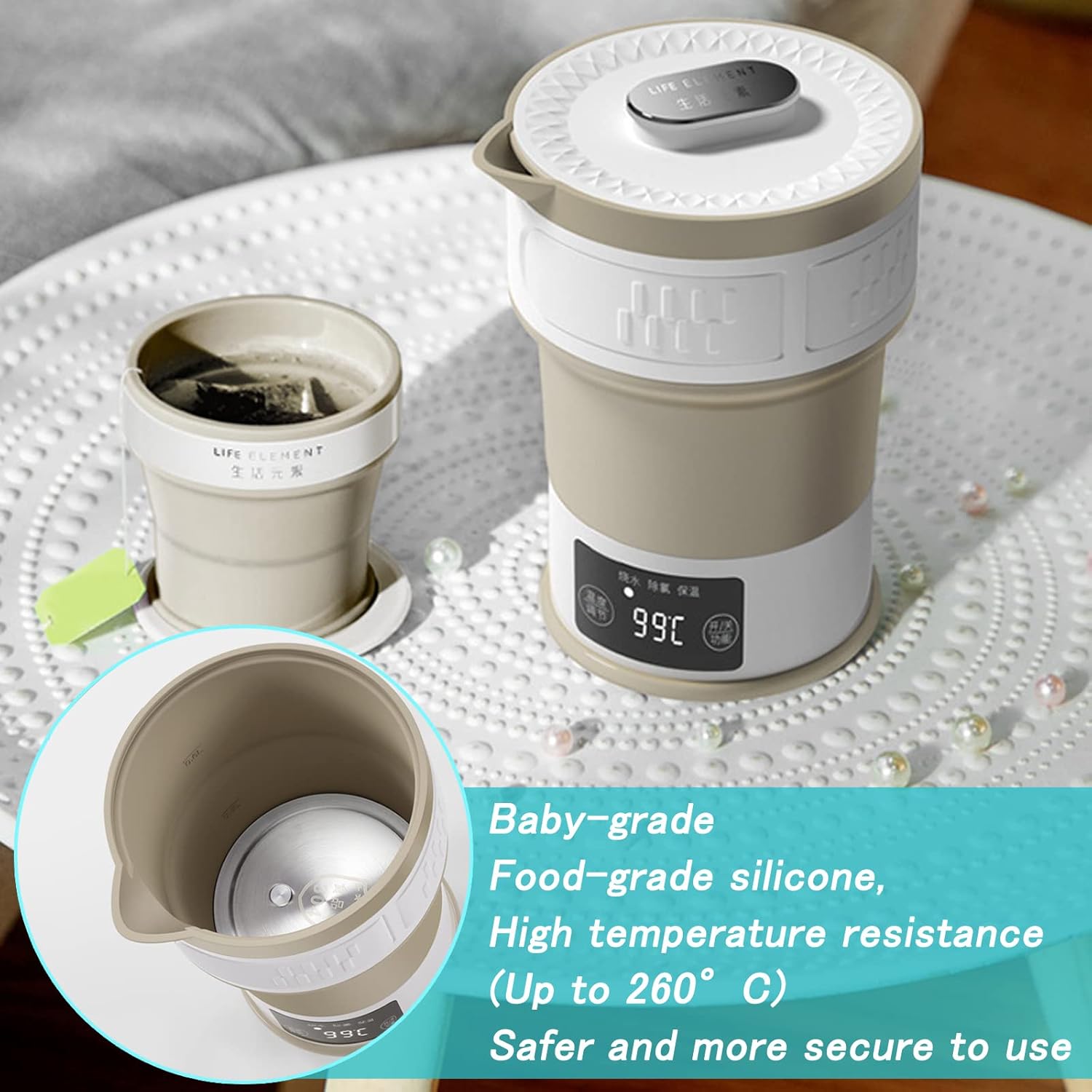 Portable Tea Kettle for Travel and Camping, Foldable Electric Kettle Small and Mini, Stainless Steel Collapsible Kettle with Temperature Control Concealed handle and Folding Cup, Dual Voltage
