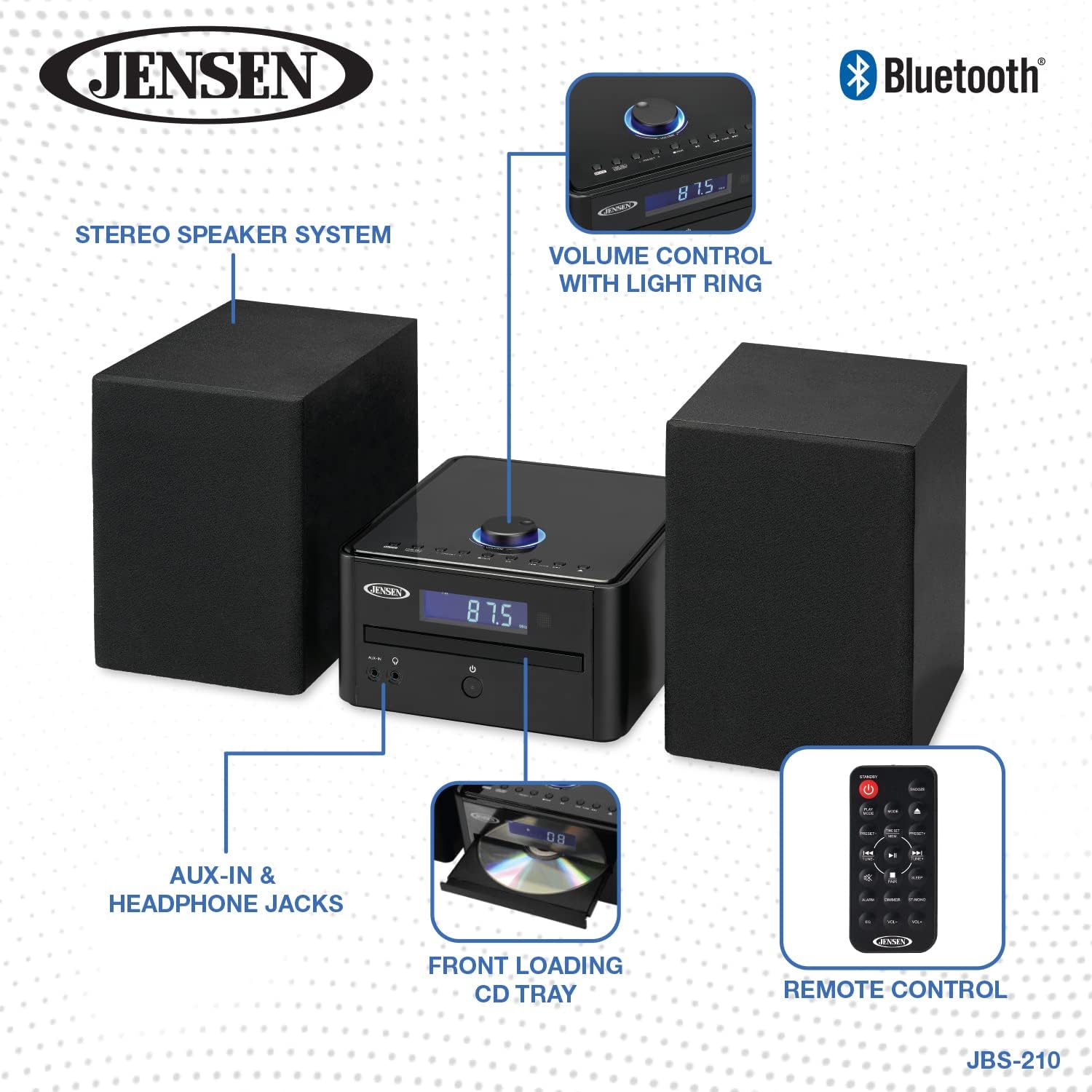 JENSEN JBS-210 Bluetooth CD Music System with Digital AM/FM Stereo Receiver and Remote Control Pack of 2