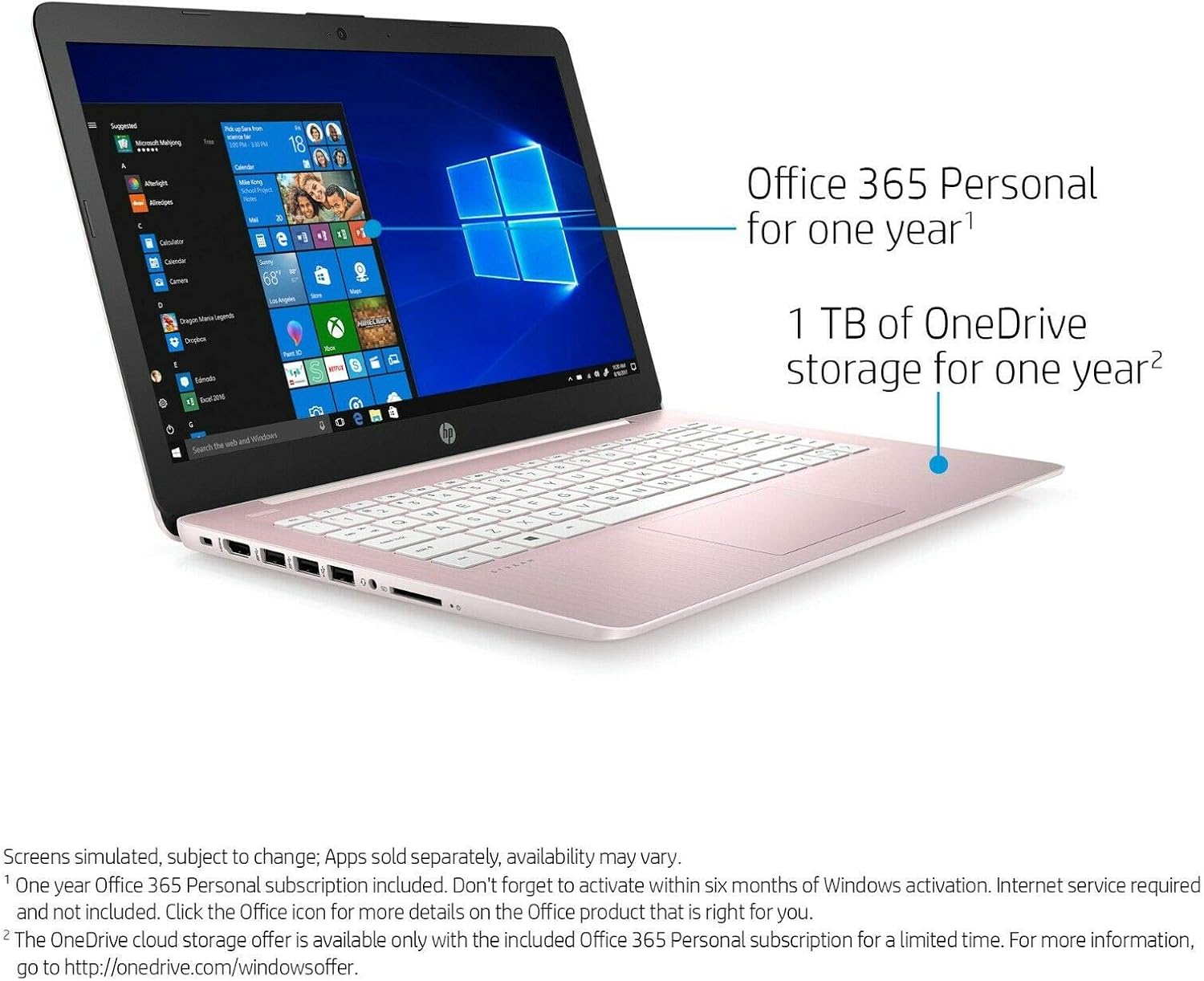 HP Stream 14 Pink - Celeron N4000 - 4 GB RAM - 64 GB eMMC Storage - 14 LCD - Wireless - Bluetooth - Webcam - Windows 10 S