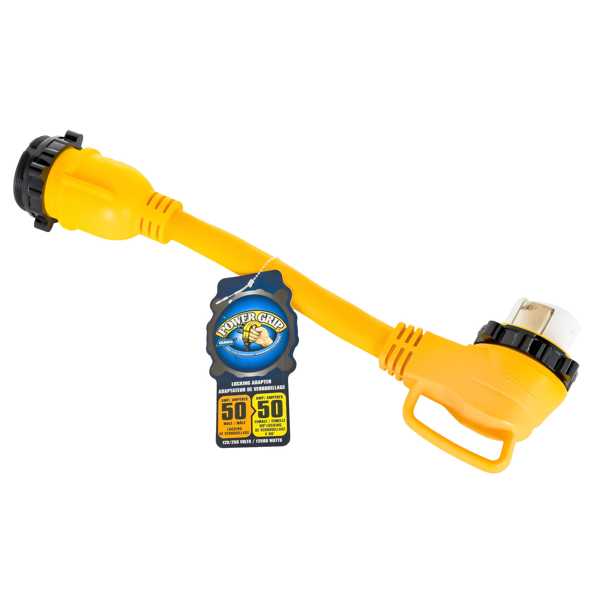 Camco PowerGrip 18 Electrical Adapter - 50 Amp Male Locking End to 50 Amp 90 Degree Female Locking End (55627)