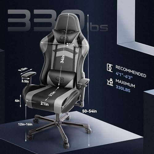 Black Gaming Chair, Ergonomic Computer Chair, Height Adjustable Game Chair, Racing Style Gamer Chair with Headrest and Lumbar Support (Blackgray)
