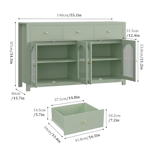 FINETONES Buffet Cabinet with Storage, 55.1" Large Sideboard Buffet Farmhouse Kitchen Cabinet with 3 Drawers and 4 Doors, Wood Coffee Bar for Kitchen, Black