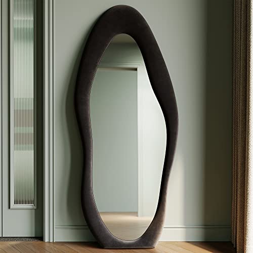 Honyee Full Length Mirror, 63" x 24" Wall Mirror, Flannel Wrapped Wooden Frame Floor Mirror, Irregular Wavy Mirror Hanging or Leaning Against Wall for Cloakroom/Bedroom/Living Room, Milk Tea