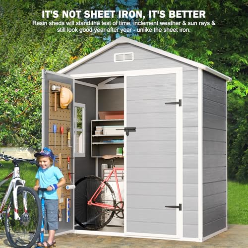 8x6x7 FT Resin Storage Shed, Waterproof Outdoor Storage Shed w/Floor, 2 Windows, Double Lockable Doors & Vents, Tool Shed for Patio Garden, Lawn, Backyard, Dove Grey
