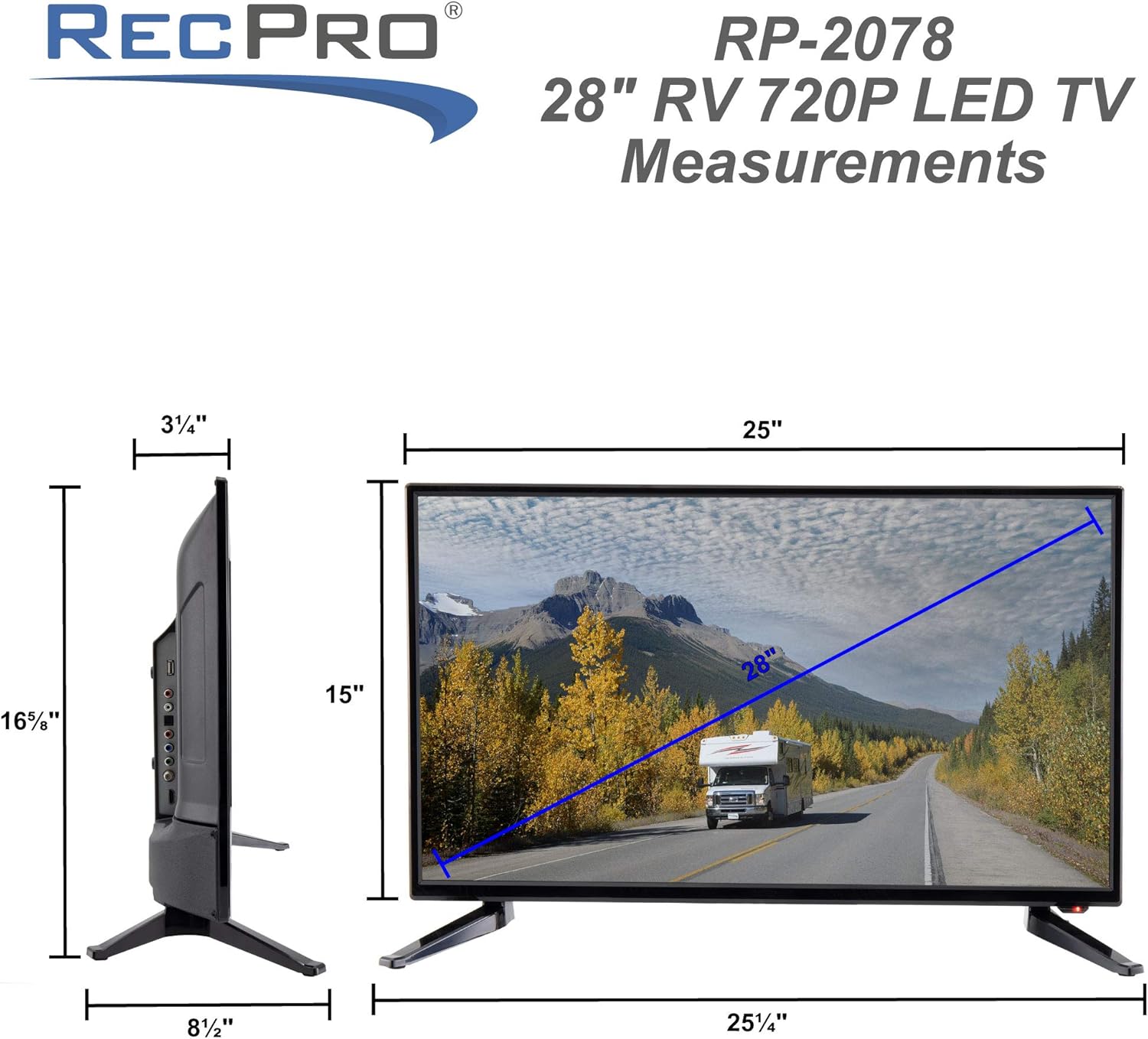 RecPro RV TV 28| 720p HD | 12v DC or 120v AC | 3X HDMI Ports | Built-in Tuner for Local Stations