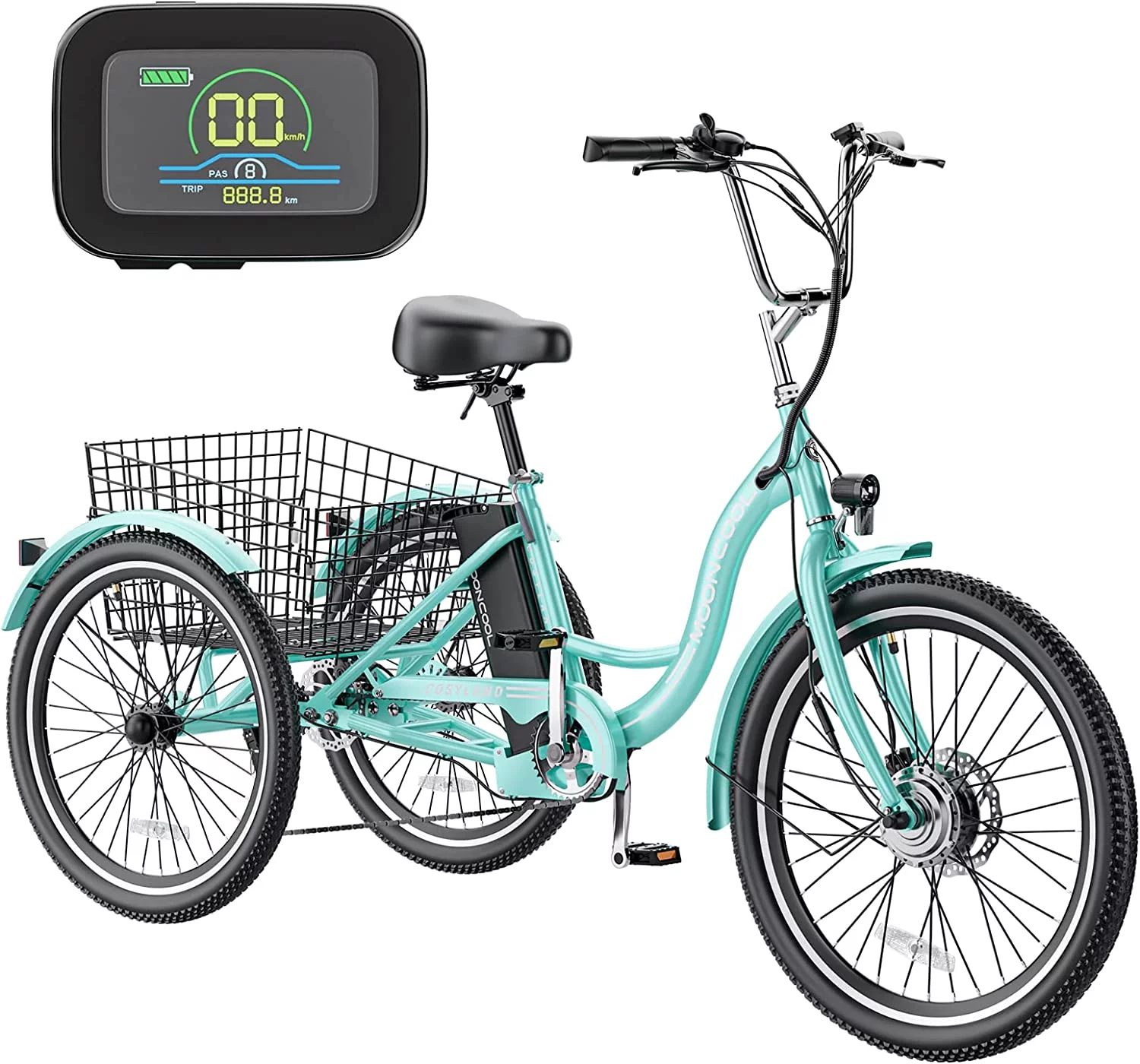 MOONCOOL 26" 7 Speed Electric Tricycle, 350W 36V 14.5Ah 350W 15MPH Lithium Battery UL Certified, 3 Wheel Electric Bicycle for Adults