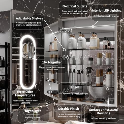 Smart Lighted Medicine Cabinet with Mirror, 24" x 36" LED Medicine Cabinet Mirror for Bathroom with Built-in High-Power Outlet, Stepless Dimming & Anti-Fog, Right Hinge