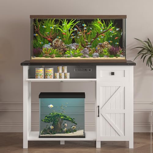 40 Gallon Aquarium Stand With Charging Station, Farmhouse Fish Tank Stand, Reptile Tank Stand Terrarium Stand with Drawer and Cabinet Storage, Sturdy Heavy Duty 41.9"×18.3" Tabletop - White