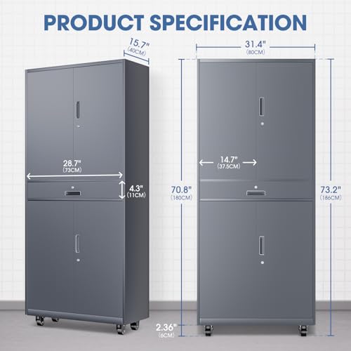 DNA MOTORING 71'' Metal Storage Cabinet, Locking Tool Cabinet with 1 Drawer and Adjustable Shelves, Lockable Heavy Duty Metal Locker for Garage,Office,Home,Gym, Gray, TOOLS-00629-GY-GY-A