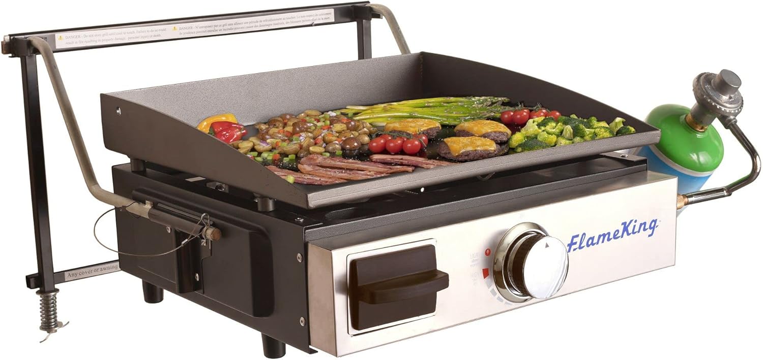 Flame King 17-inch Flat Top Griddle for Outdoor BBQ Grill, Portable Propane Gas Griddle for Camping and Tailgating, w/ Mounting Bracket