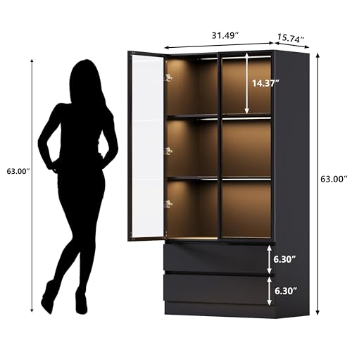 Tempered Glass Door Display Cabinet with LED Lights and 3 Storage Shelves,Tall Modern Display Storage Organizer with 2 Drawers and 2 Doors,Bookcase Bookshelf for Living Room,Home Office,Black