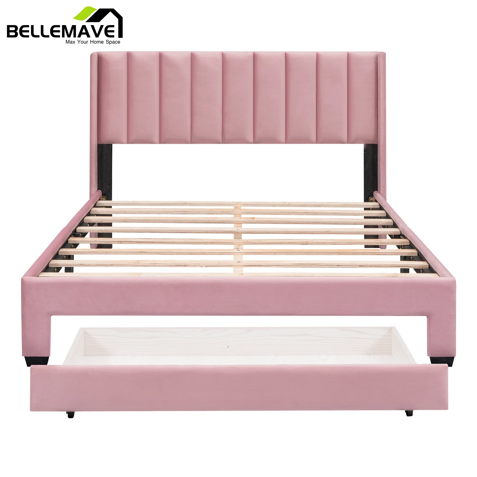 Bellemave Queen Size Pink Velvet Upholstered Wood Platform Bed with a Big Drawer and Soft Headboard