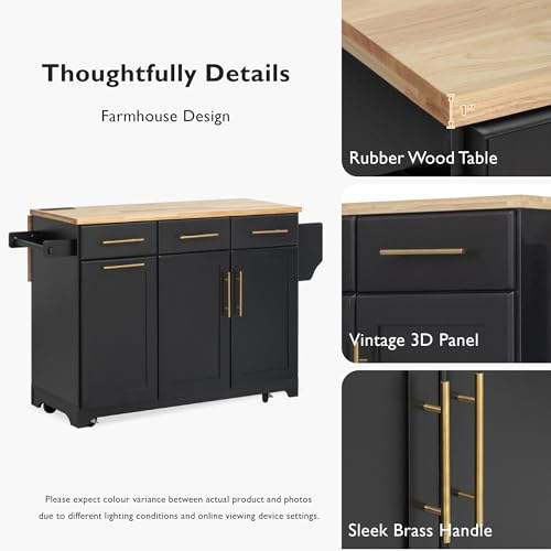 Merax 59.3" Kitchen Island with Storage, 2 Pull Out Cabinet Organizers & Rubber Wood Drop Leaf, Rolling Island Table with Trash Can Storage, Power Outlet, Spice & Towel Rack for Kitchen Dining, Black