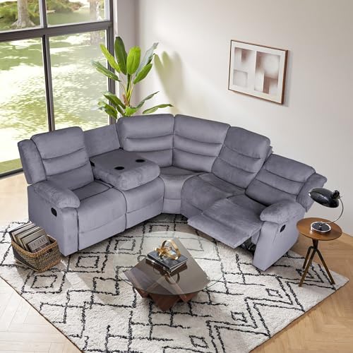 Recliner Sectional Sofa, Microfiber Manual Reclining Sectional Couch with Cup Holders, Living Room/Office (Grey)