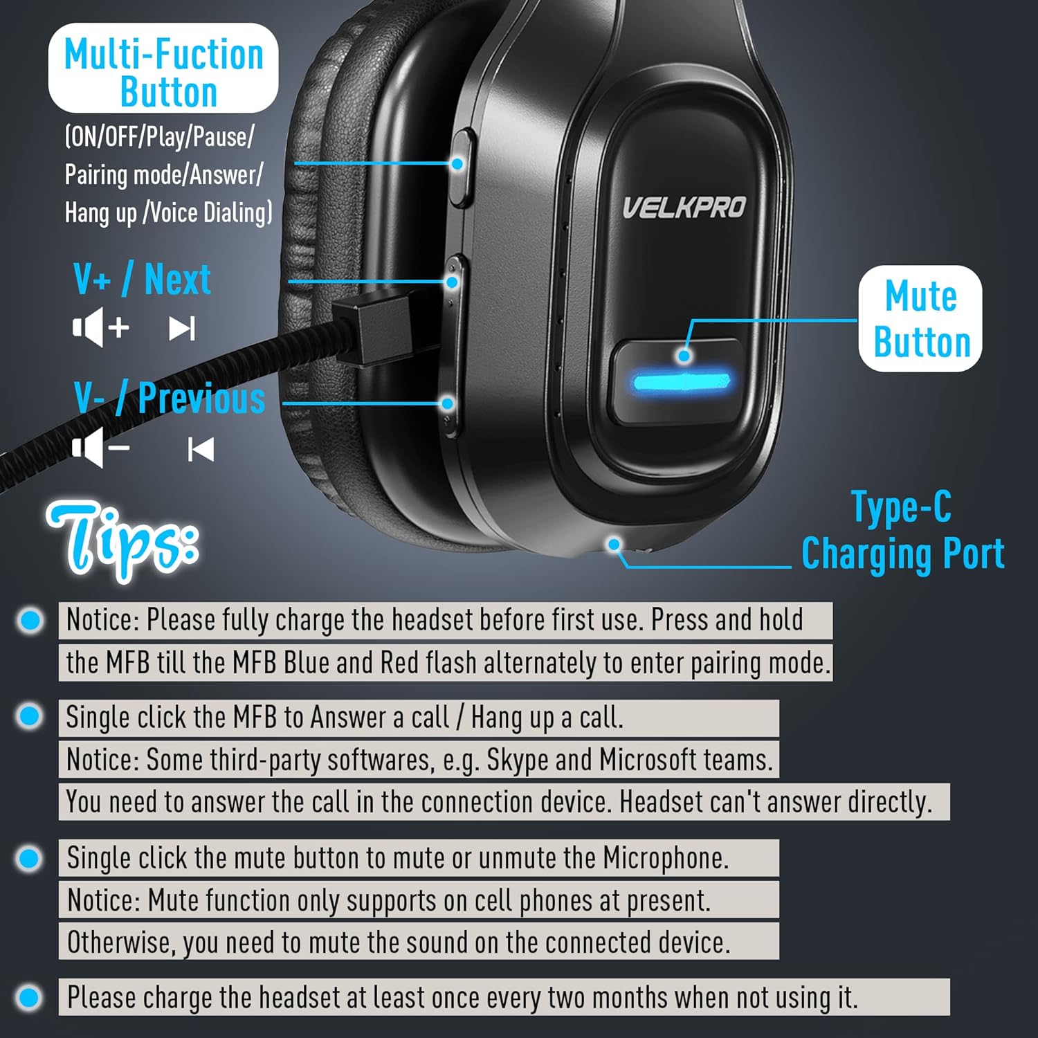 VELKPRO Wireless Headset with Microphone - Comfortable Single-Ear Headphone with Adjustable Headband, Noise Isolation Mic - Communication Accessories for Truck Drivers, Home Office, Call Center Work