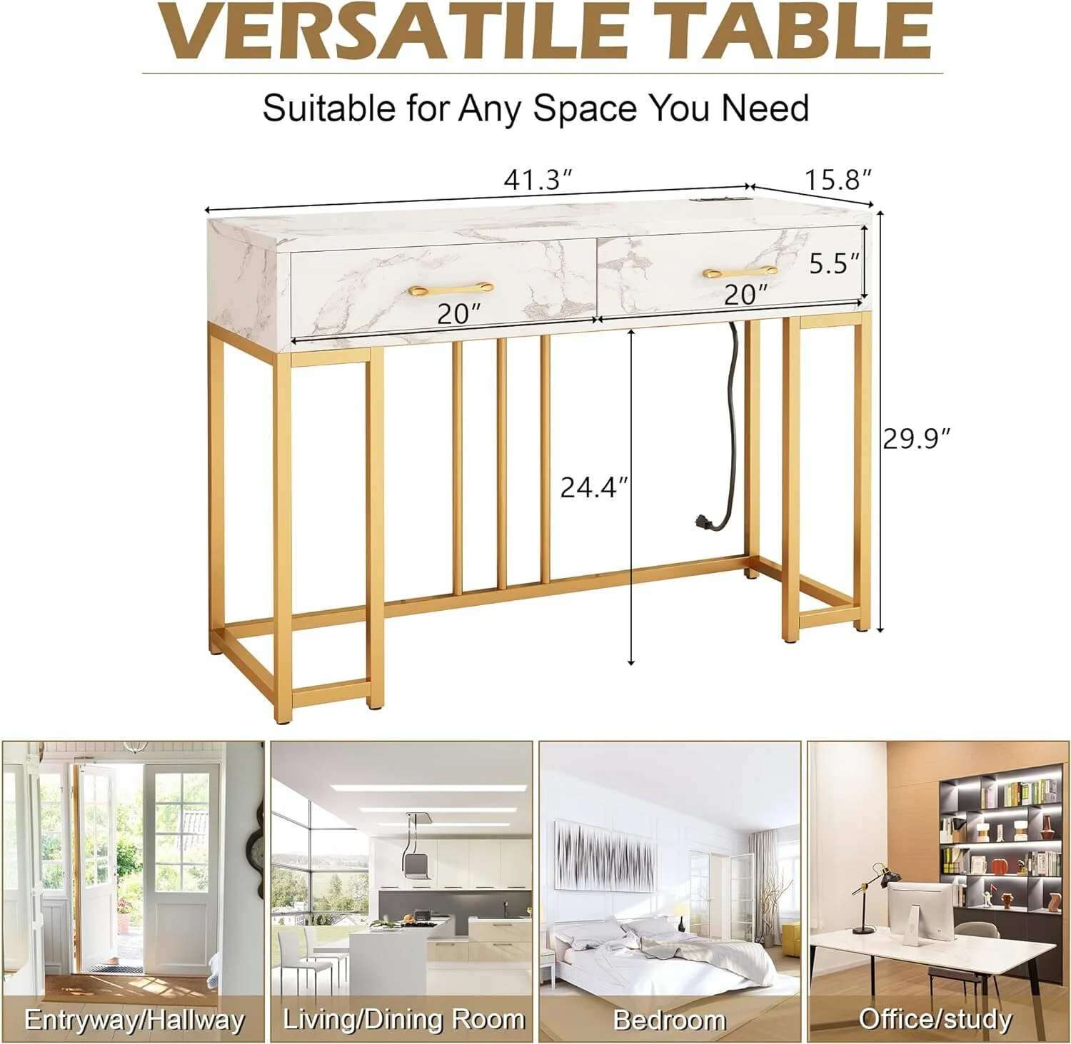 Console Table for Entryway, Sofa Table Narrow Long, 1-Tier Entryway Hallway Table with 2 Drawer for Entryway, Living Room, Couch (Marble White)